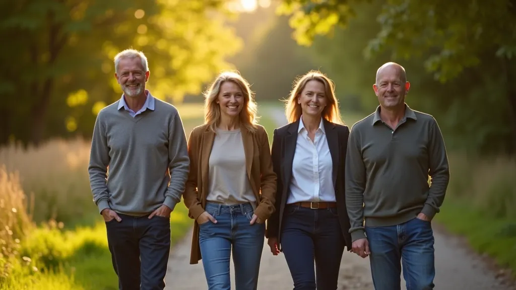 Group of mature adults enjoying outdoor activity together, laughing and connecting in natural setting, demonstrating social adaptation