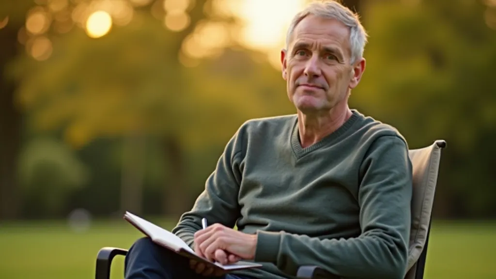 Adult man writing in journal outdoors, reflecting on life transitions and personal goals during morning planning session