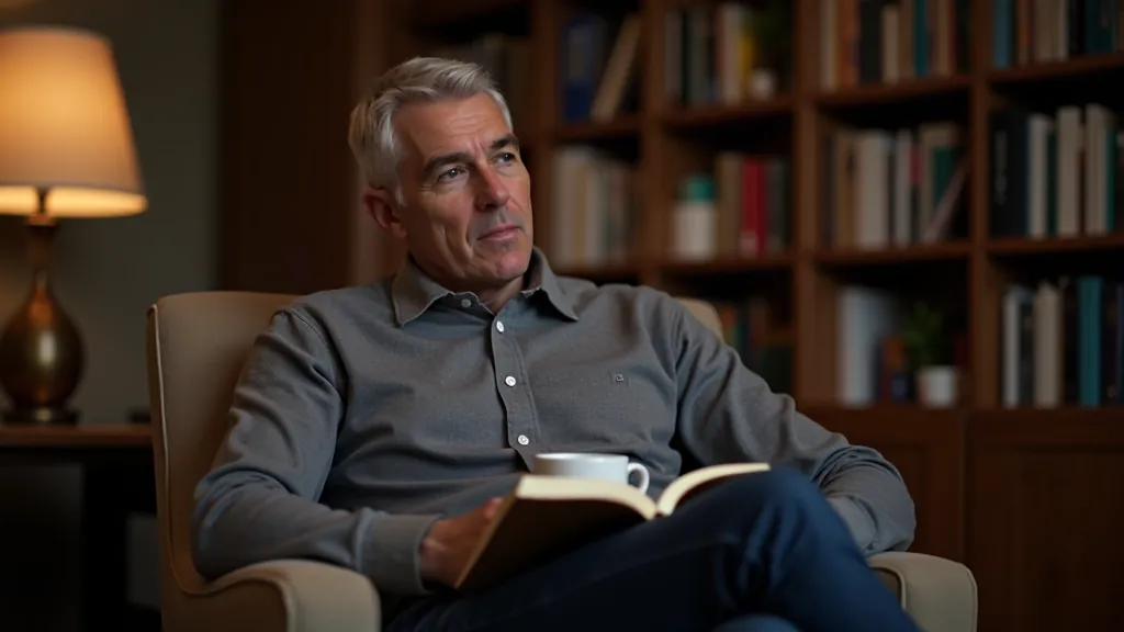 Man aged 50 sitting in comfortable armchair with book and coffee, home library setting with warm lighting, relaxed contemplative posture, peaceful environment