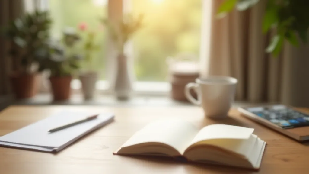 Close-up of hands with journal and coffee cup on wooden table, representing planning and reflection for life transitions
