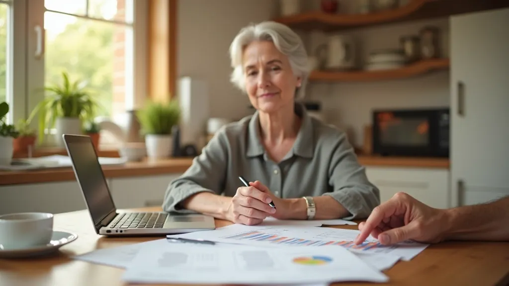 Older woman at kitchen table with laptop and financial documents, reviewing retirement plans, warm home setting, organized workspace, peaceful morning light