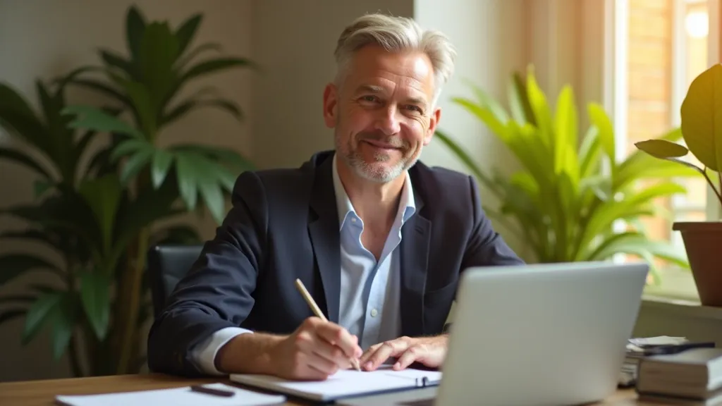Person aged 46, professional upper body shot, arms relaxed, confident posture, modern setting, clear focused look