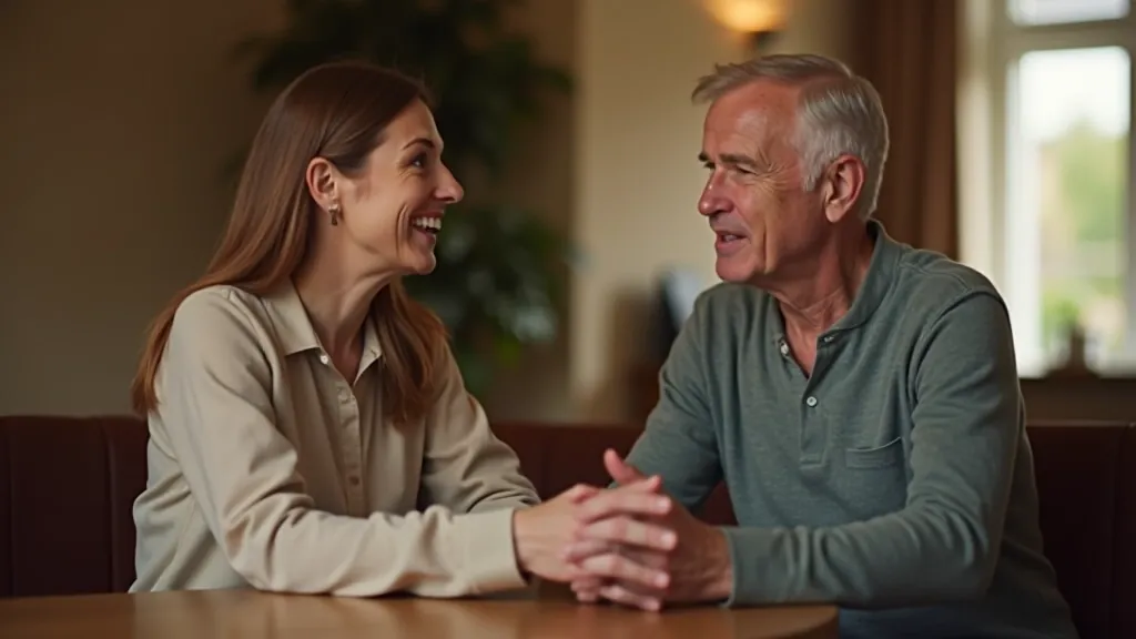 Two people in conversation at coffee table, warm lighting, genuine engaged expressions, comfortable home setting