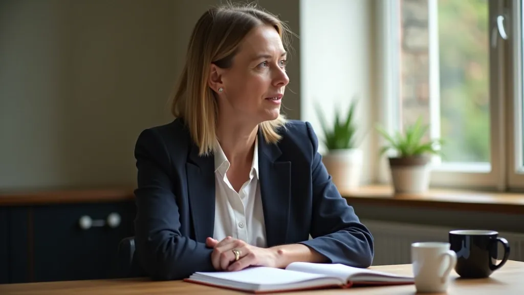 Mature adult woman at desk with notebook and morning coffee, planning future with thoughtful expression