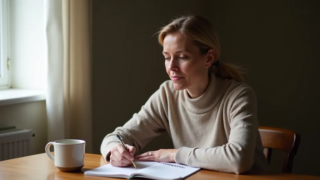 Woman in her late 40s writing in journal with coffee nearby, natural window light, thoughtful expression