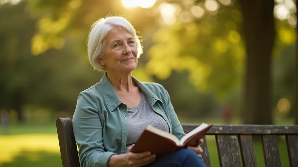 Mature woman journaling outdoors in nature, reflecting on life transitions and age-related changes with peaceful mindset
