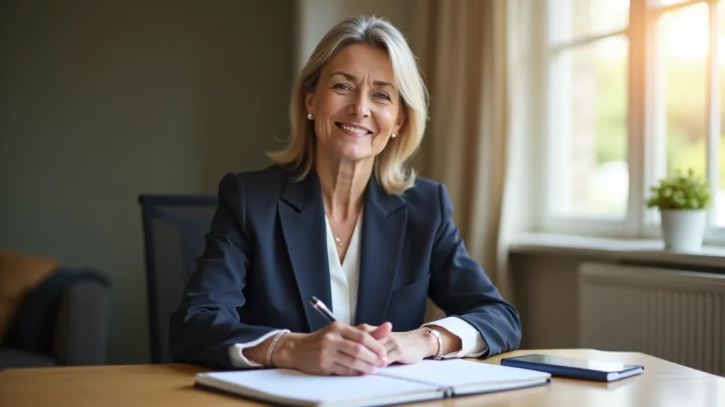 Professional woman in her 50s at desk reviewing documents and planning her day schedule with purpose and focus