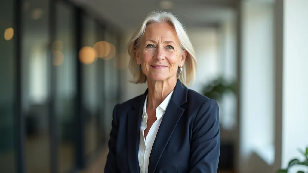 Mature professional woman in modern office setting, planning her future with purpose and confidence