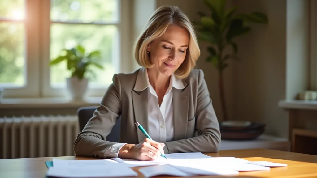 Professional woman in her late 40s at a wooden desk, reviewing documents and writing notes, sunlit home office, thoughtful expression, focused concentration